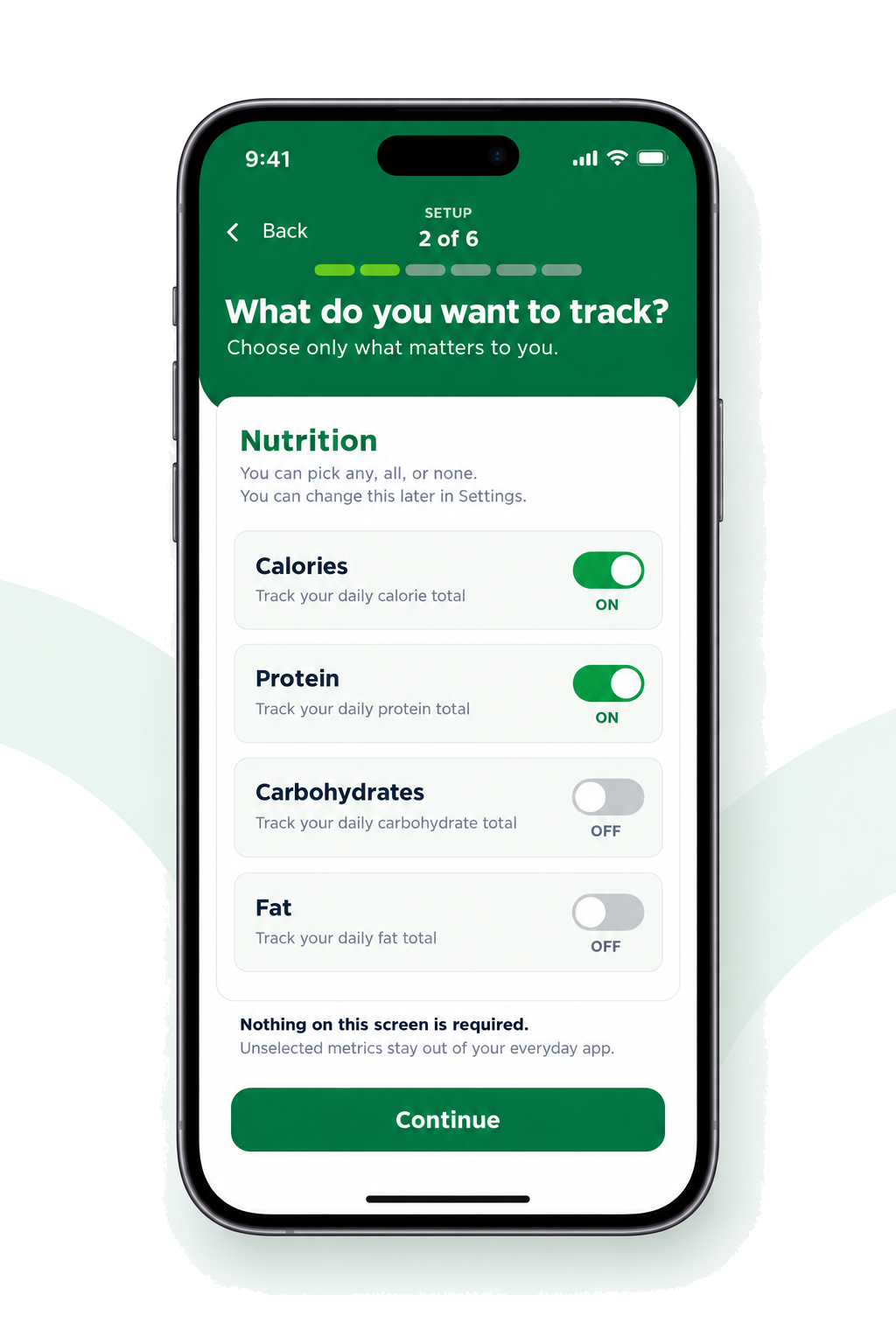 Metric selection screen mockup with Calories and Protein turned on